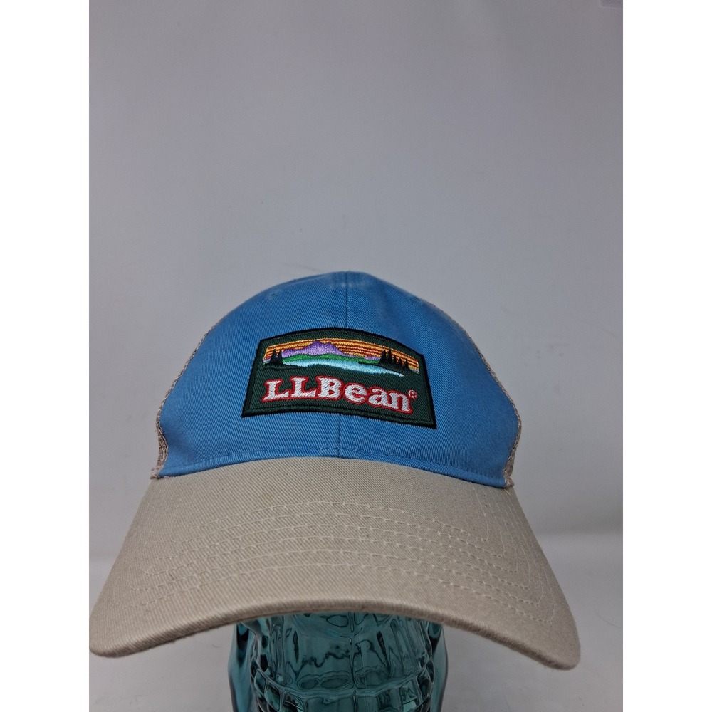 LL Bean Trucker Hat Blue Tan Mountain Patch Mesh Back Snapback Cap 506361 OSFA